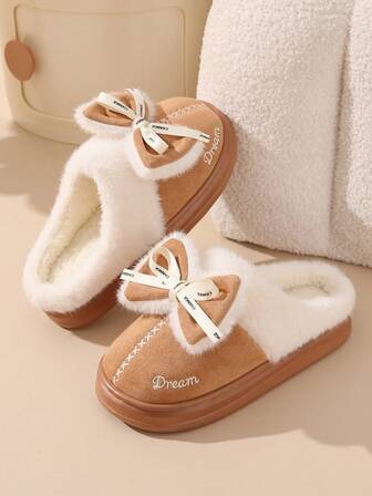 女士温暖毛绒拖鞋，新款蓬松一脚蹬家居鞋，厚底，防滑，蝴蝶结装饰，适合秋冬季