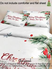 Set de pilotă cu 3 bucăți de Crăciun, desenate manual, cu crengi, frunze, fulgi de zăpadă, imprimat digital (1 husă de pilotă, 2 fețe de pernă fără miez), fibră de poliester, moale, prietenos cu pielea, potrivit pentru diferite dimensiuni de pat, ideal pentru cadouri