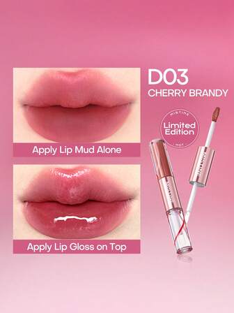 MISTINE Brillo de labios de doble extremo 1.5g+1.5g Glaseado de labios de color resistente Labial de gelatina hidratante Labial de larga duración Tinte de labios D03 Edición limitada