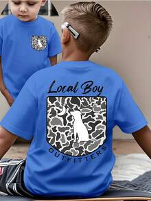 Men's Children's Black T-Shirt With Camouflage Dog Small Print On The Front Chest, And Local Boy Letter Camouflage Dog Moon Pattern Print On The Back. A Casual Boys' Short-Sleeved Shirt Suitable For Daily School Wear, Boys' T-Shirt. - 藍色 - 查看 1