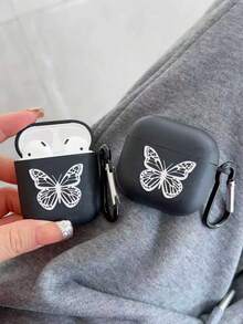 Matte Black Butterfly Print Soft Earphone Case With 1 Hanger, Compatible With AirPods 1/2/3/4/Pro - Multicolor - View 2