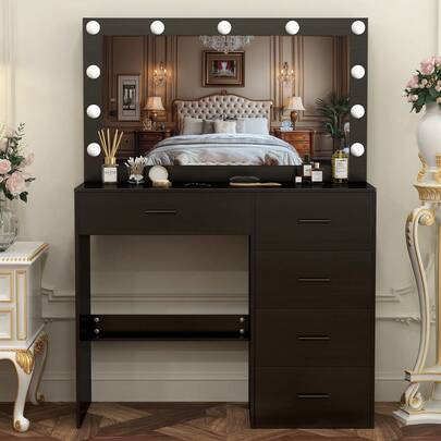 Black 5 Drawers Dressing Table With Large LED Lights Mirror Vanity Makeup Desk - Perfect For Organizing Makeup, Skincare, Elegant Vanity|Decorative Vanity, Vanity Furniture, Compact For Small Space, Bedroom Decor Gift , Suitable For Christmas And Halloween Decorations