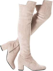 Women Over Knee Boots Thigh High Suede Black Block Low 2 Inch Heel Chunky Above Knee Winter Pointed Toe, Fashionable Cold-Weather Boots - 奶油\2 1/2 英吋鞋跟 - 查看 1