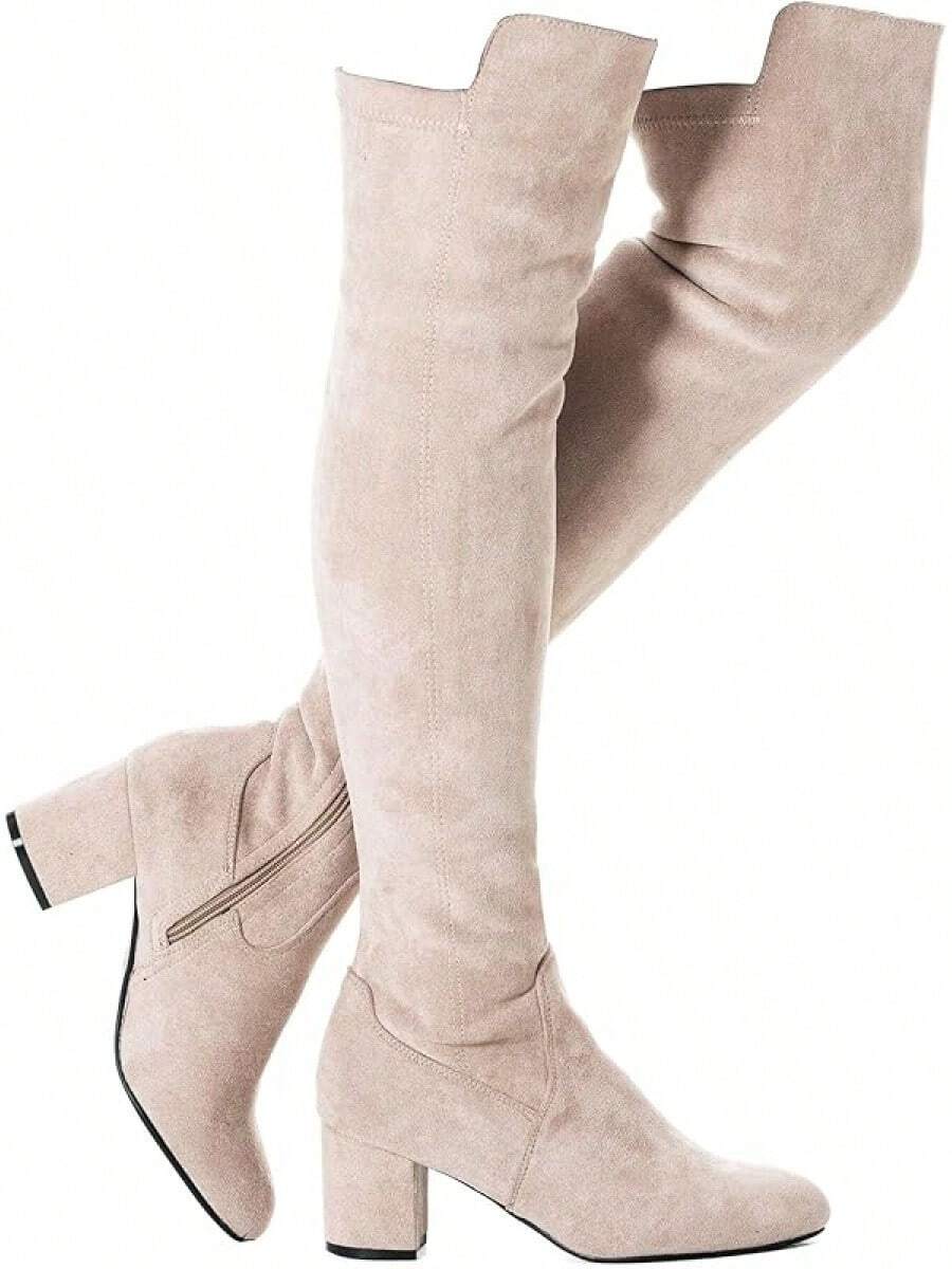 Women Over Knee Boots Thigh High Suede Black Block Low 2 Inch Heel Chunky Above Knee Winter Pointed Toe, Fashionable Cold-Weather Boots - 奶油\2 1/2 英吋鞋跟 - 查看 1