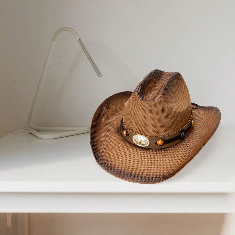 Vintage Cowgirl Hats For Women Men Classic Western Hat Floppy Straw Hat With Leather Belt - Khaki - View 1