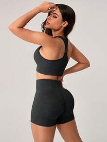 NcmRyu Women's Ribbed Knit Sports Bra & High-Waisted Shorts Set - Stretchy Comfortable Activewear With Ribbed Texture, Ideal For Yoga, Workout, Gym, Running & Outdoor Activities - 黑色 - 查看 5