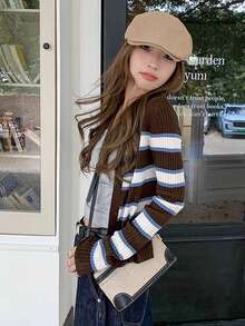 Autumn/Winter Colorblock Striped Knit Cardigan For Women, Fashion Fitted Short Sweater Jacket - Brown - View 4