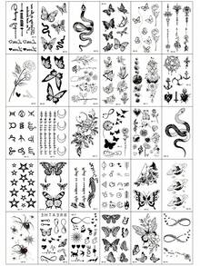 30pcs Creative Temporary Tattoo Stickers, Including Butterfly, Flower, Fox, Dolphin, Jellyfish, Wings, Feather And More Patterns, Suitable For Both Men And Women, Waterproof And Realistic, Can Be Applied To Arms, Face, Fingers, Neck And Any Desired Location. - Black - View 8