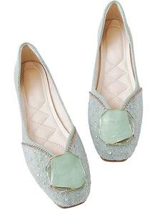 SAILING LU Square Toe Flats Shoes Rhinestoned Bowknots Ballet Flats For Women Studded Dress Shoes Comfort Light Weight LoafersChristmas - L-玉綠 - 查看 7