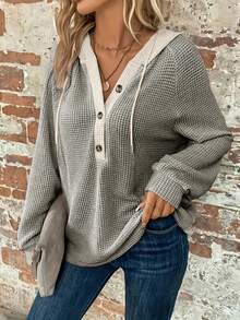 Plus 女款纯色抽绳长袖连帽卫衣秋季服装 - 灰色 - 查看 3