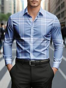 Men's Light Blue Classic Fashion Design Long Sleeve Single-Breasted Collar Shirt With Stripe Pattern Detail, Suitable For Spring, Summer, Autumn, Fit For Business, Casual & Formal Occasions, Fall - Baby Blue - View 9