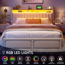 Full/Queen/King Size Bed Frame With 2 Storage Drawers Upholstered Platform Bed Frame With LED Lights, Charging Station And Headboard, Beige - 米色 - 查看 4