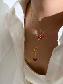 Monlansher New Fashionable Women's Stainless Steel Pendant Necklace, Minimalist Design With Mushroom & Cherry Elements, Versatile Casual Wear - Gold - View 4