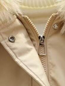 2025 冬季新款女式拼布仿皮草连帽长袖抽绳腰休闲拉链日常度假冬季派克大衣 - 卡其色 - 查看 7
