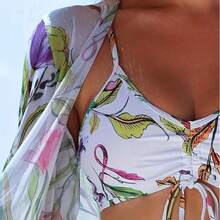 3-Pieces Geometric Print Bikini Sets, V Neck Boxer Short Bottom With Cover Shirt Long Sleeves Swimsuit, Women's Swimwear & Clothing Valentine's Day - 白色 - 查看 7