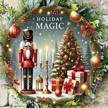 1pc Holiday Magic Round Metal Tin Sign, 3D Walnut Clip Mural, Foil Engraving Home Decoration, Multifunctional Holiday Wall Ornament, Iron, English Text, Wall Hanging, Diameter 12inch