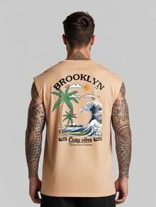 Streetwear T-Shirt Brooklyn Good Vibe Vacation Tank Top Oversized Surf Shirt Men's Summer Style Beach Summer Cropped Top Unisex Wide Cotton Gym - Màu Khaki - Xem 1