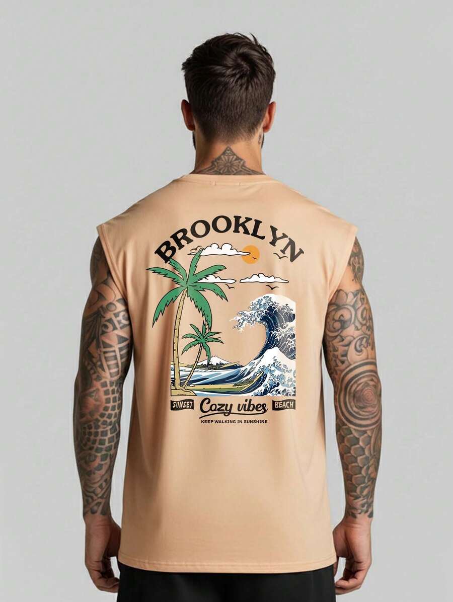 Streetwear T-Shirt Brooklyn Good Vibe Vacation Tank Top Oversized Surf Shirt Men's Summer Style Beach Summer Cropped Top Unisex Wide Cotton Gym - Màu Khaki - Xem 1