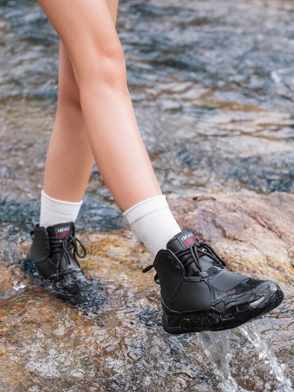 Fashionable Lace-Up Waterproof Rain Boots, Unisex Mid-Calf Thick Sole Non-Slip Outdoor Work Rubber Shoes