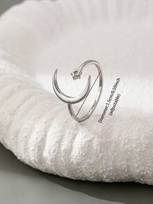 1pc Adjustable Silver-Color Copper Zirconia Star & Moon Design Ring, Women - Silver - View 3