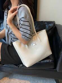 大容量女士时尚多功能单肩包，新款帆布手提包，时尚设计，适合上学、通勤和购物（不含吊坠） - 米色 - 查看 5