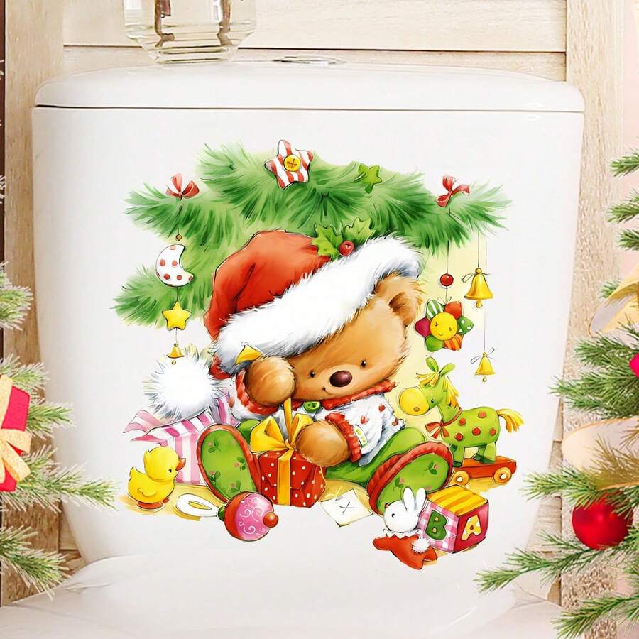 ملصق مقعد المرحاض لاحتفال عيد الميلاد مع الدب الجميل وشجرة عيد الميلاد، ديكور منزلي للحمام، ديكورات عيد الميلاد، ديكور الغرفة، ديكور الحائط، ملصقات الحائط، ملصقات عيد الميلاد المنزلية