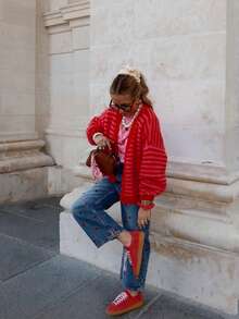 Plus Size Women V-Neck Sweater, Casual Colorblock Striped Lantern Sleeve Drop Shoulder Cardigan, Suitable For Autumn, Winter, Spring Break, Valentine's Day Outfits - Red - View 5