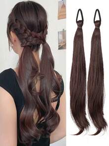 Synthetic Hair Extensions For Girls: High-Level Wavy Ponytail Set Natural-Looking (Includes Elastic Bands) Low-Pony Style Sweet And Energetic Wavy Double Ponytail Hairpiece - Multicolor - View 11
