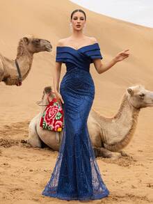 Faeriesty Haute Glamour Luxury Sparkly Beaded Mermaid Evening Gown With Off-Shoulder Crisscross Drape – Wave Beadwork & Fitted Silhouette For High-Fashion Galas & Celebrity Premiere Events For Women