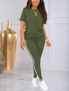 2pcs/Set Striped Round Neck Short Sleeve Sportswear Top & Pants