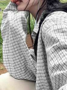 复古小众风褶皱格纹长袖Polo衫女式休闲外套白色春季款 - 白色 - 查看 4