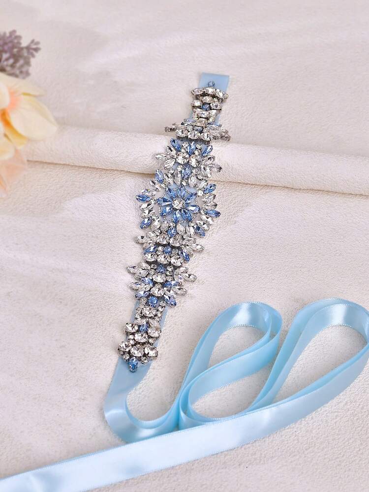 1 件手工水晶腰带，女士派对活动宴会礼服腰带装饰，系带婚礼腰带，新款伴娘腰带 - 藍色絲帶 - 查看 2