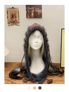 1 件纯色拼布毛绒护耳帽，女士冬季保暖修脸针织帽，极简主义设计师合作款长款人造毛皮针织帽，编织针织帽，女士百搭连帽帽 - 彩色 - 查看 10