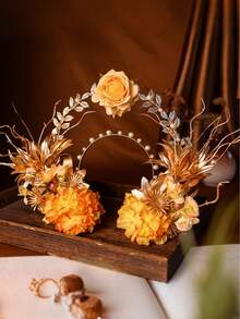 Women's Floral Headband, 3D Lifelike Flower Grass Hair Hoop, Rustic Artificial Rose Flower Crown Headpiece, Personalized Headwear For Party, Wedding, Holiday - 彩色 - 查看 16