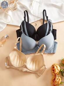 3PCS Women's Smooth Lace-Embroidered Seamless Underwear, Adjustable, Full-Coverage, Molded Cup With Steel Support Bra - Multicolor - View 2