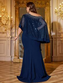 SUPGIR Plus Women's One-Shoulder Asymmetrical Cape Sleeve Handmade Bright Diamond Chiffon Slim-Fitting Evening Dress - Navy Blue - View 2