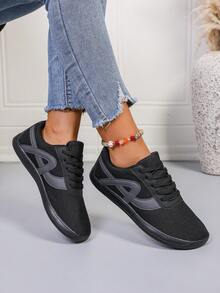 1 Par de Tênis Esportivos Casuais de Bico Largo para Mulheres, Design de Antepé Largo em Preto e Cinza, Adequado para Esportes ao Ar Livre, Caminhada e Tênis, Lavável em Máquina, Estilo Esportivo