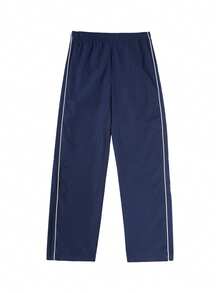 男士条纹拼布撞色休闲宽松直筒裤，适合春秋季节日常穿着、约会、户外运动、街头时尚、百搭