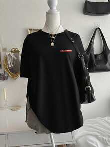 DEAR MOLLY 灵感超大款T恤，圆领短袖宽松版型女式印花T恤，休闲舒适，赛车爱好者礼物，适合春夏户外穿着，黑色 - 黑色 - 查看 3