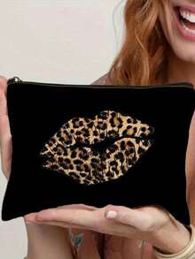 Bolsa de maquillaje con estampado de labios de leopardo gótico y estampado de calavera, bolsa de cosméticos con cremallera y bolsa de aseo - Estilo gótico oscuro bohemio de la academia, bolsa de medicina reutilizable con tema de terror, bolsa de almacenamiento de bolígrafos, bolsa de viaje y maquillaje - Para la escuela, la decoración del hogar de verano, la bolsa de aperitivos 9in*6in