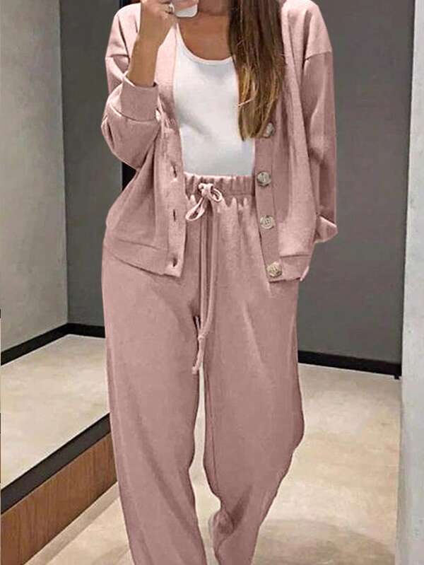 Ensemble deux pièces pour femmes, veste en tricot décontracté de sport à boutons et pantalon à cordon de serrage