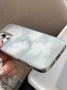 GUCADI 1pc Electroplated Silver Edged Hazy White Floral Oil Painting Style Resin Hard Case, Artistic & Elegant Aesthetic Phone Case Compatible With Apple 16/15/14/13 Series Waterproof Shockproof Anti-Fall Scratch Resistant - Multicolor - View 6