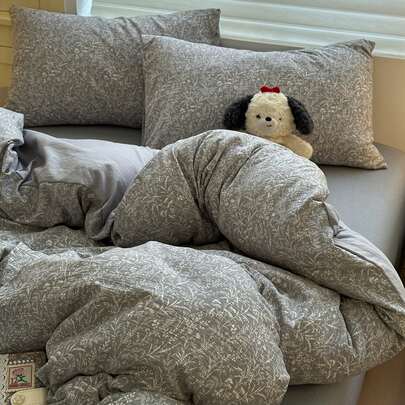 4 件套优雅灰色羽绒被套，柔软亲肤，涤纶双层床上用品（1 个羽绒被套 + 1 个床单 + 2 个枕套），适合秋冬卧室装饰，节日礼物，无填充物，枕套图案随机剪裁