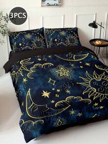 Set de huse de pilotă cu 3 piese, moi și confortabile, cu imprimeu misterios de soare și lună, potrivite pentru dormitor și cameră de oaspeți - Include 1 husă de pilotă și 2 fețe de pernă (pilota nu este inclusă) - Multicolor - Vizualizare 11