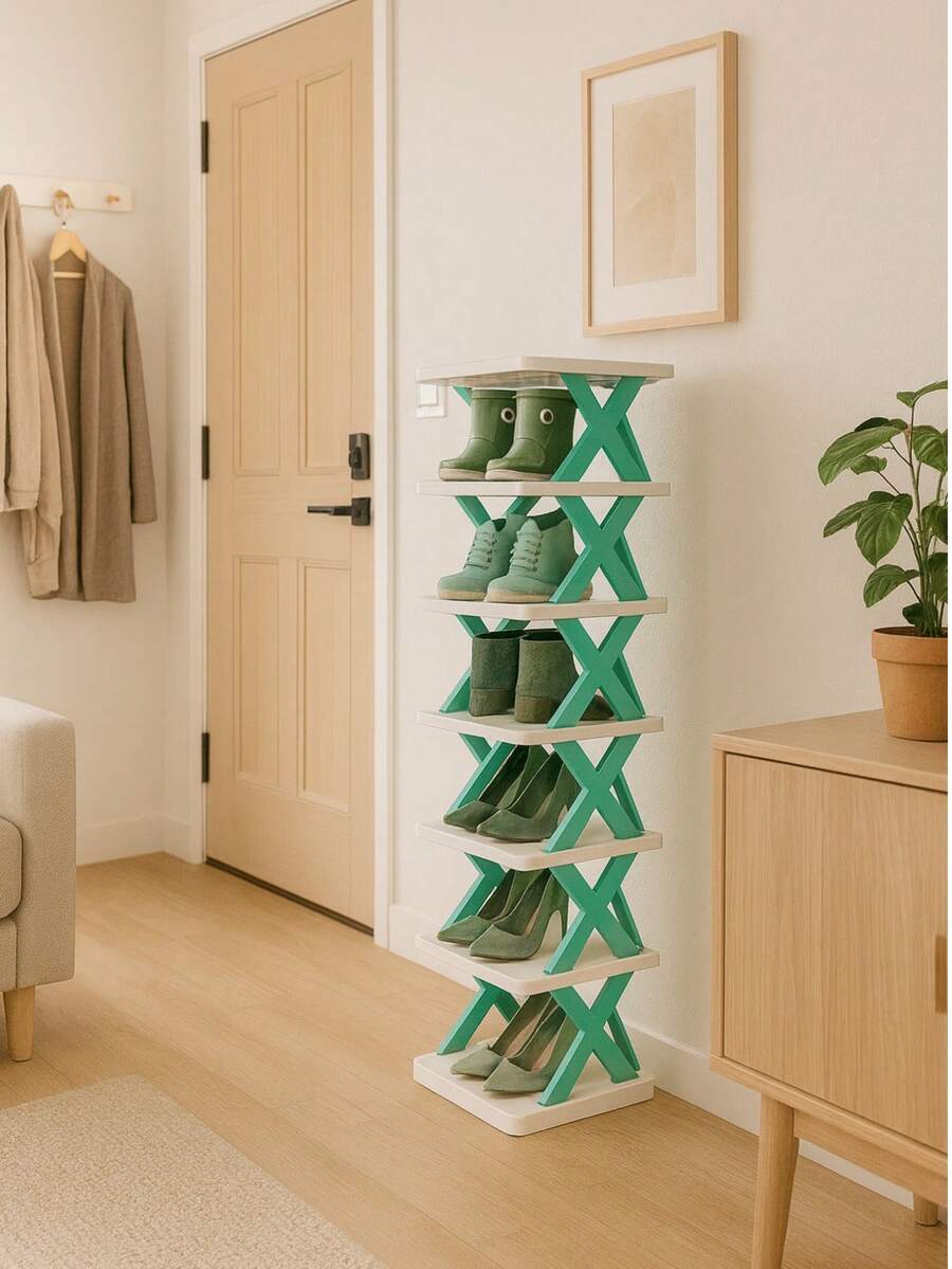 7-Tier Foldable Plastic Shoe Rack, Compact Space-Saving Home Entryway Shoe Storage Shelf - Mint - View 1