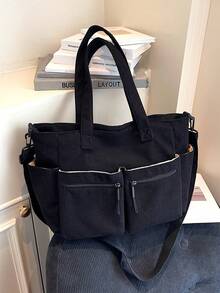 1 pieza Bolso de tela grande y versátil de estilo minimalista y de moda, con múltiples bolsillos prácticos, gran capacidad, adecuado para la escuela, la universidad, el trabajo y el uso casual, bolso de hombro para mujer - Negro - Ver 2
