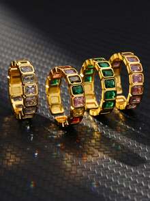 Anel ajustável de luxo em aço inoxidável com zircônias coloridas (1 peça), modelo arco-íris, banhado a ouro 18K e resistente ao desbotamento. Ideal para férias, casamentos, festas, uso diário, aniversários e outras ocasiões. - anel de aço inoxidável - Ver 6