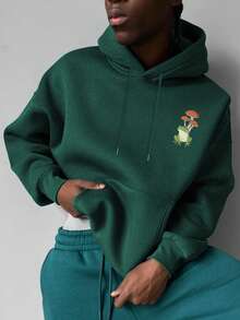 Men's Frog Graphic Thermal Lined Hoodie, Casual Street Style, Autumn/Winter, Long Sleeve Top - Green - View 4