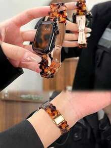 1条复古树脂琥珀色兼容表带，适用于40mm、49mm、44mm、46mm、45mm、41mm、42mm、38mm系列Ultra、SE、10、9、8、7、6、5、4、3、2、1，男女通用窄款表带 - 豹紋 - 查看 3