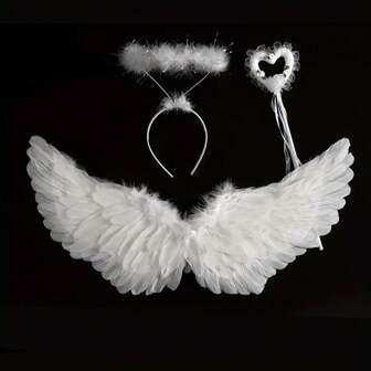 创意天使羽毛翅膀、仙女棒、头带 3 件套玩具套装，圣诞节/万圣节/感恩节/生日礼物 [部分细节颜色随机]（人造羽毛）